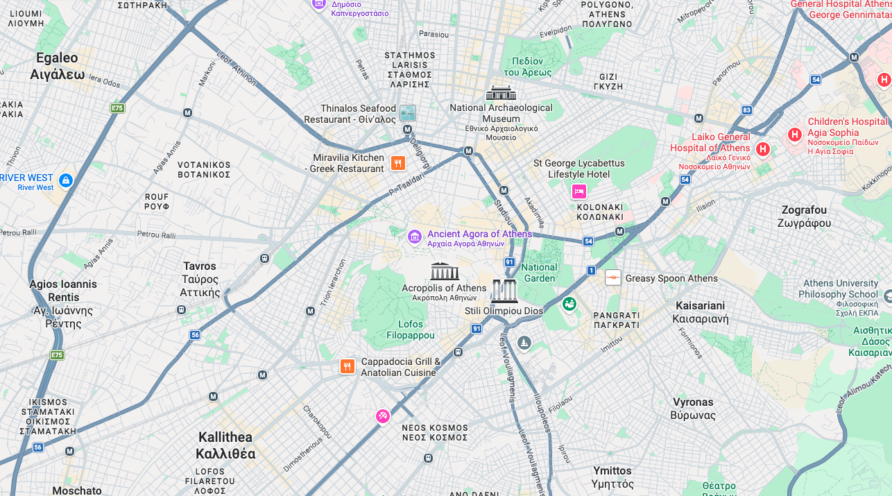 Map of central Athens showing the Acropolis XD venue location near the Acropolis