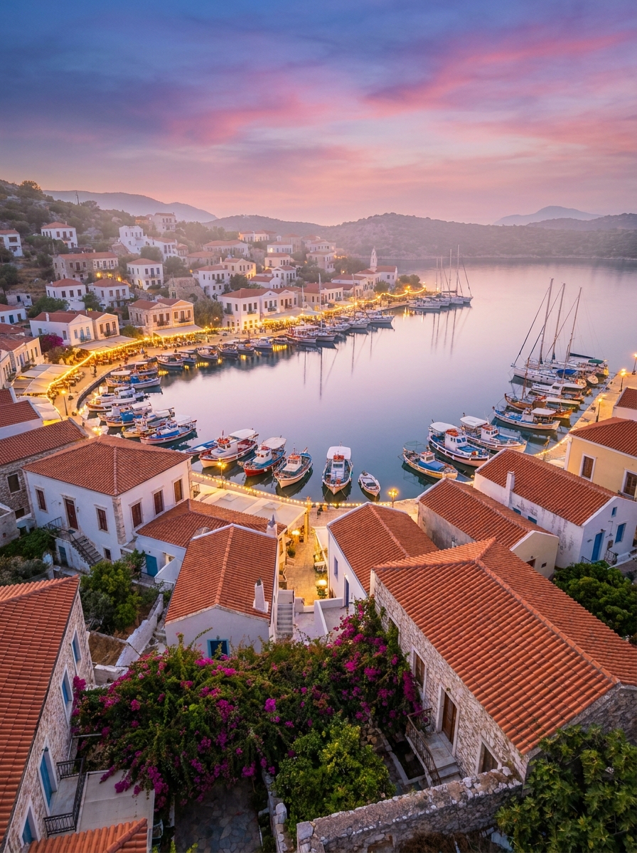 Greek coastal harbor at twilight