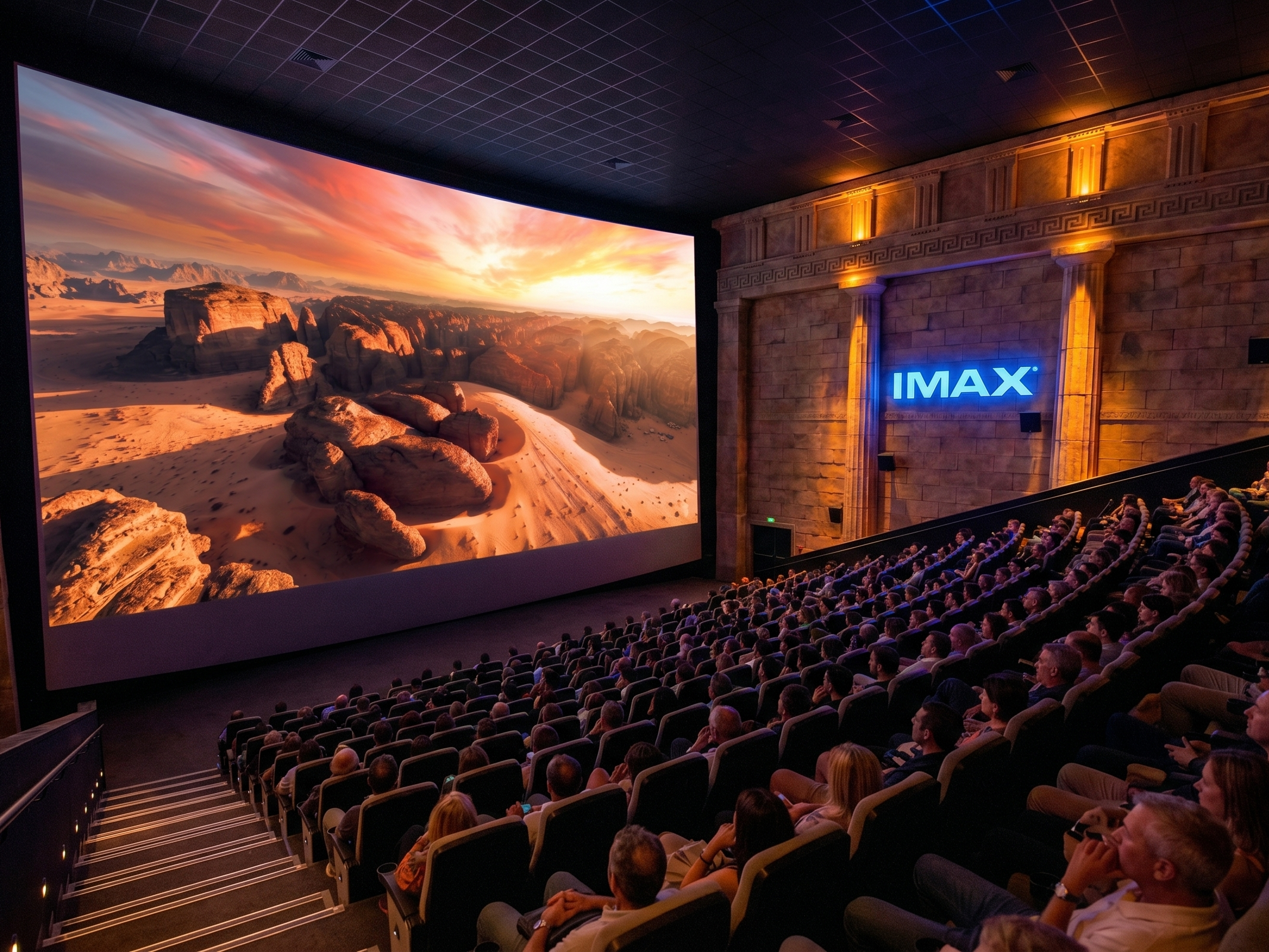 IMAX theater auditorium with Saudi desert on screen