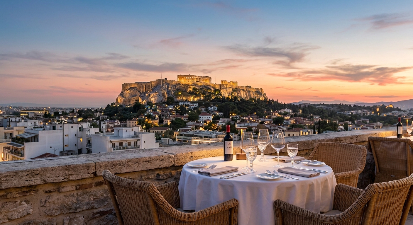 Rooftop dining with Acropolis at sunset