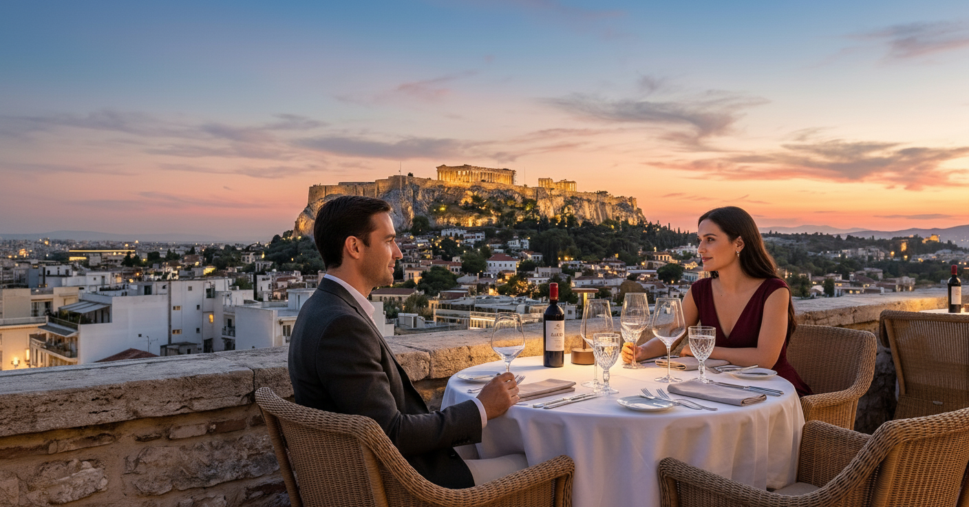 Couple dining with Acropolis sunset view